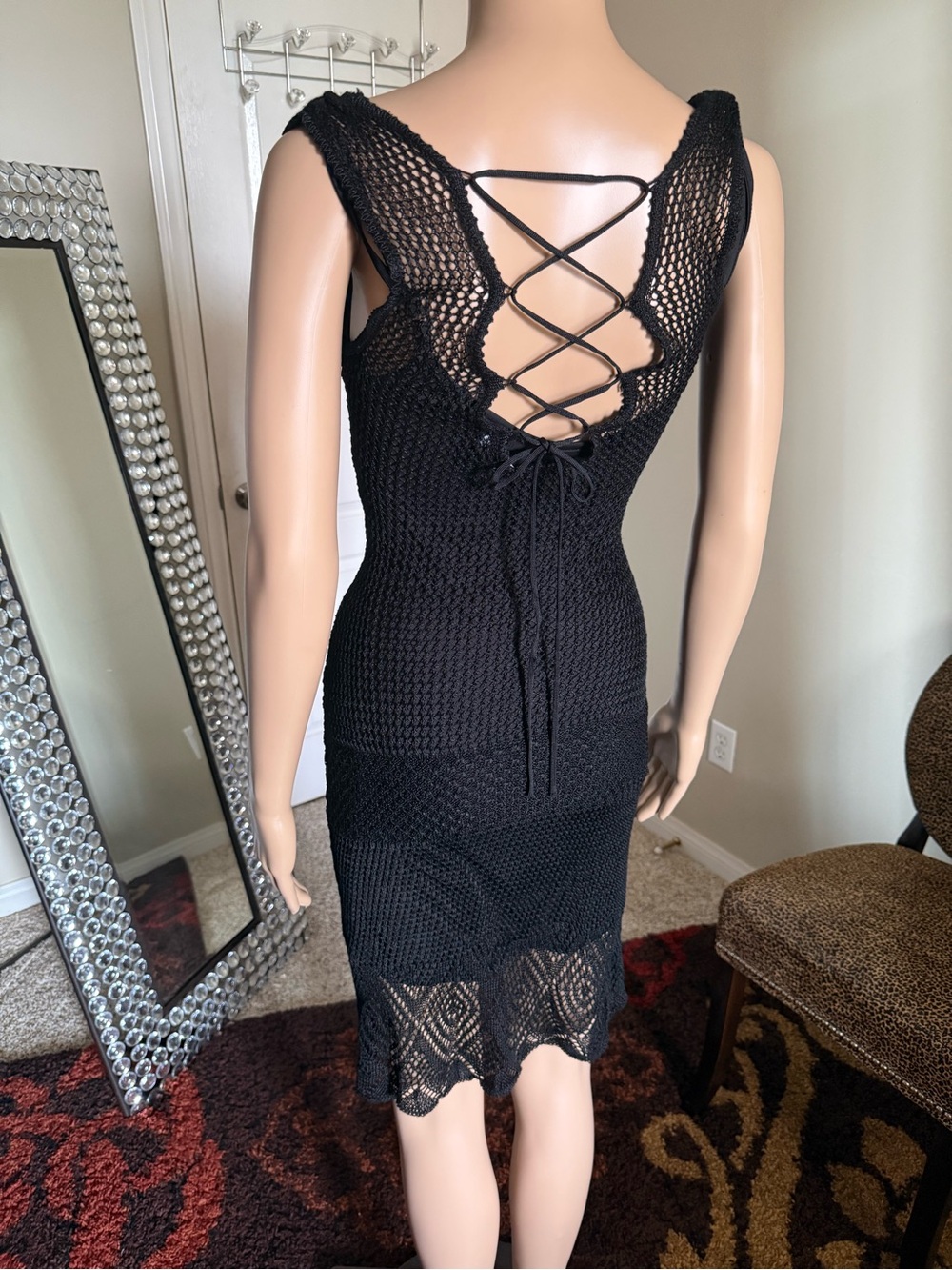 bebe Black Crochet Lace-Up Back Midi Dress